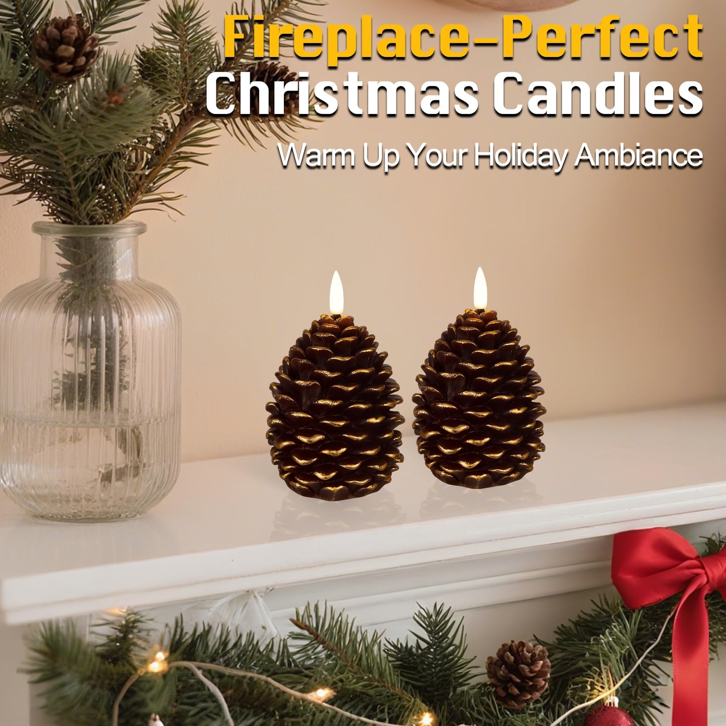 Christmas Flameless Pine Cone Candles with Remote Timer, Battery Operated Flickering Candles, LED Real Wax Pinecone for Christmas Home Decoration, Set of 2, Brown with Gold Glitter (5.5" X 4.1")
