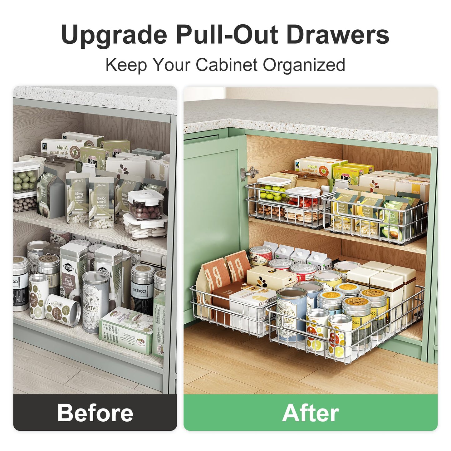 Pull out Cabinet Organizer, Stainless Steel 2-Pack Slide out Drawer with Silent Full-Extension Slides, Adhesive Roll out Can Spice Storage Basket Shelf Rack for Pantry, Kitchen, Bathroom, Home Closet