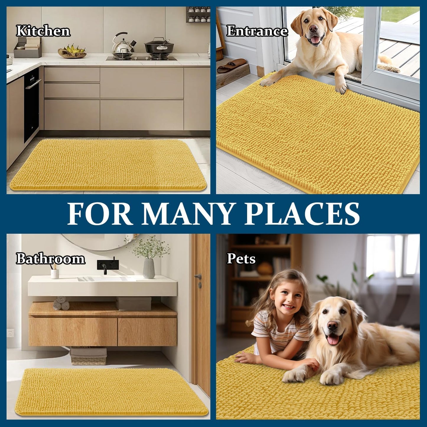 OLANLY Dog Door Mat - Absorbent Non-Slip Chenille for Muddy Paws | 35x24 Yellow Indoor Entryway Carpet