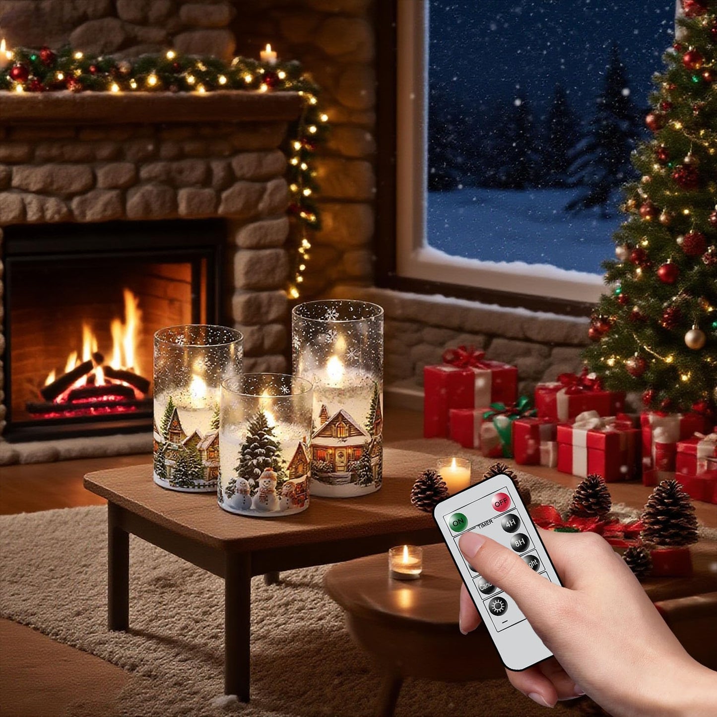 Lasumora Snowman Family and Snowy Cabin Scene Themed Glass Flameless Candles with Remote Timer, Battery Operated LED Pillar Candles Real Wax for Home Décor Christmas Gifts, D3”x H4” 5” 6”