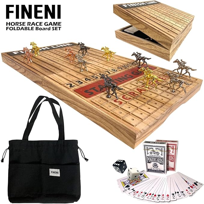 Horse Racing Game for Adults Foldable Horse Race Board Game with 11 Luxurious Metal Horses (Gold Silver Black Bronze) 24” Wood Horse Race Game Board Big Dice 2Card & Bag (Log1)