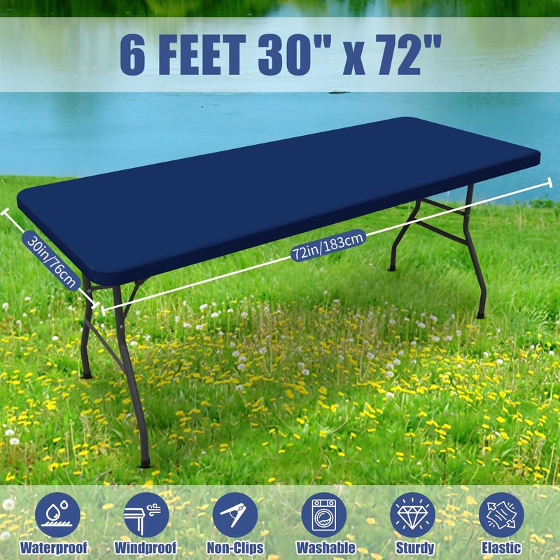 Moosfor Spandex 6 Foot Rectangle Table Cloth 2 Pack, Elastic Fitted Tablecloths for Picnic, Stretch Washable Patio Table Cover for Outdoor, Camping, Banquet and Parties (Navy, 30"x72")