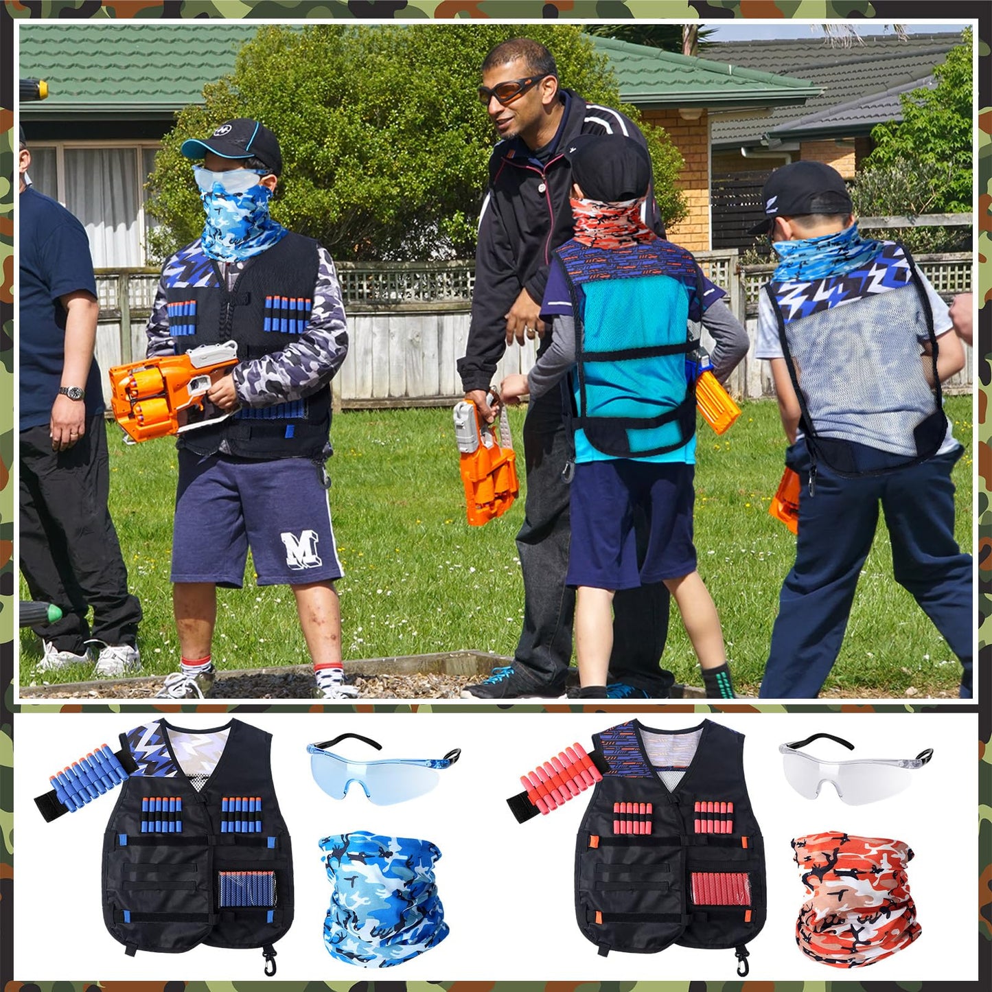 Sosation 16 Sets Kids Tactical Vest Compatible with Nerf Party Favor Accessories, Face Mask Wrist Ammo Holder Toy Gift Supplies Boys (Orange and Blue)
