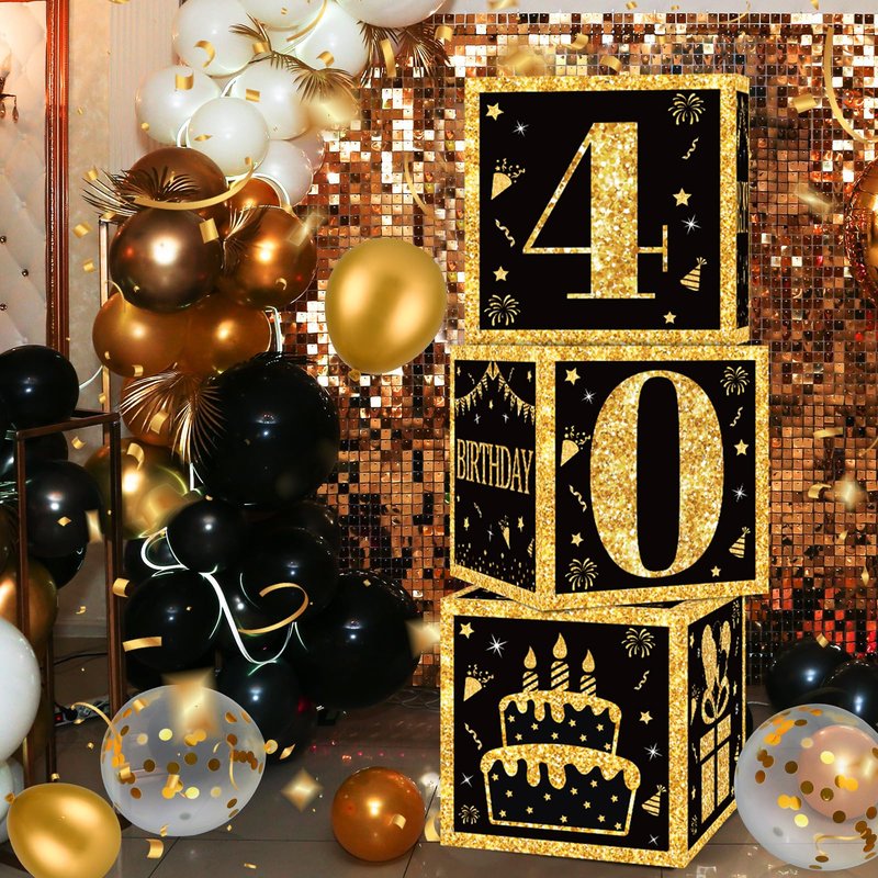 40th Birthday Decorations Boxes for Men- 3PCS Black Gold Happy 40th Birthday Balloons Boxes, 40 Year Old Party Supplies for Men Women