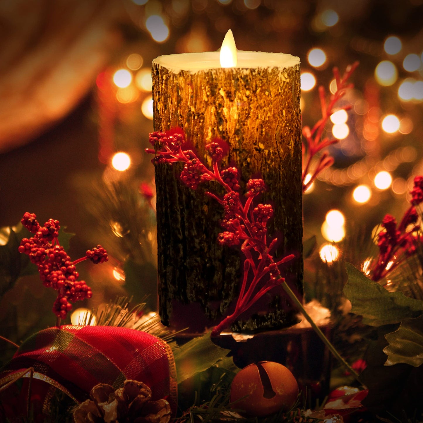 NICEME LED Pine Bark Flameless Candles Set of 3 with Remote Timer Real Wax Battery Operated Candles Flickering Moving Wick Electric Decorative Pillar Bark Candles