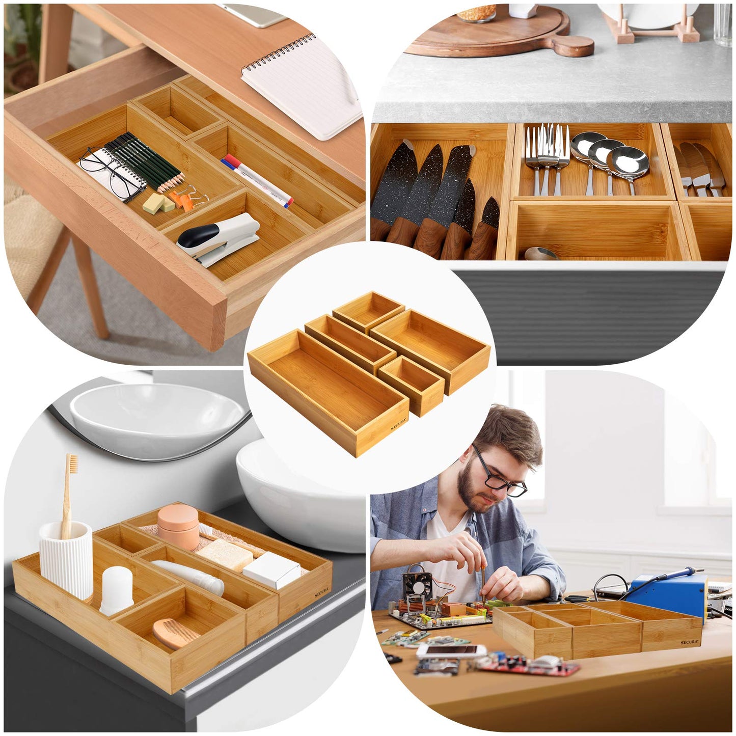 Secura Kitchen Drawer Utensil Organizer Box Set ๐ฑ ๐ฃ๐ฎ๐ฐ๐ธ, Bamboo Utensil Holder Cutlery Makeup Silverware Jewelry Flatware Organization Tray for Kitchen, Bathroom, Office and Living Room