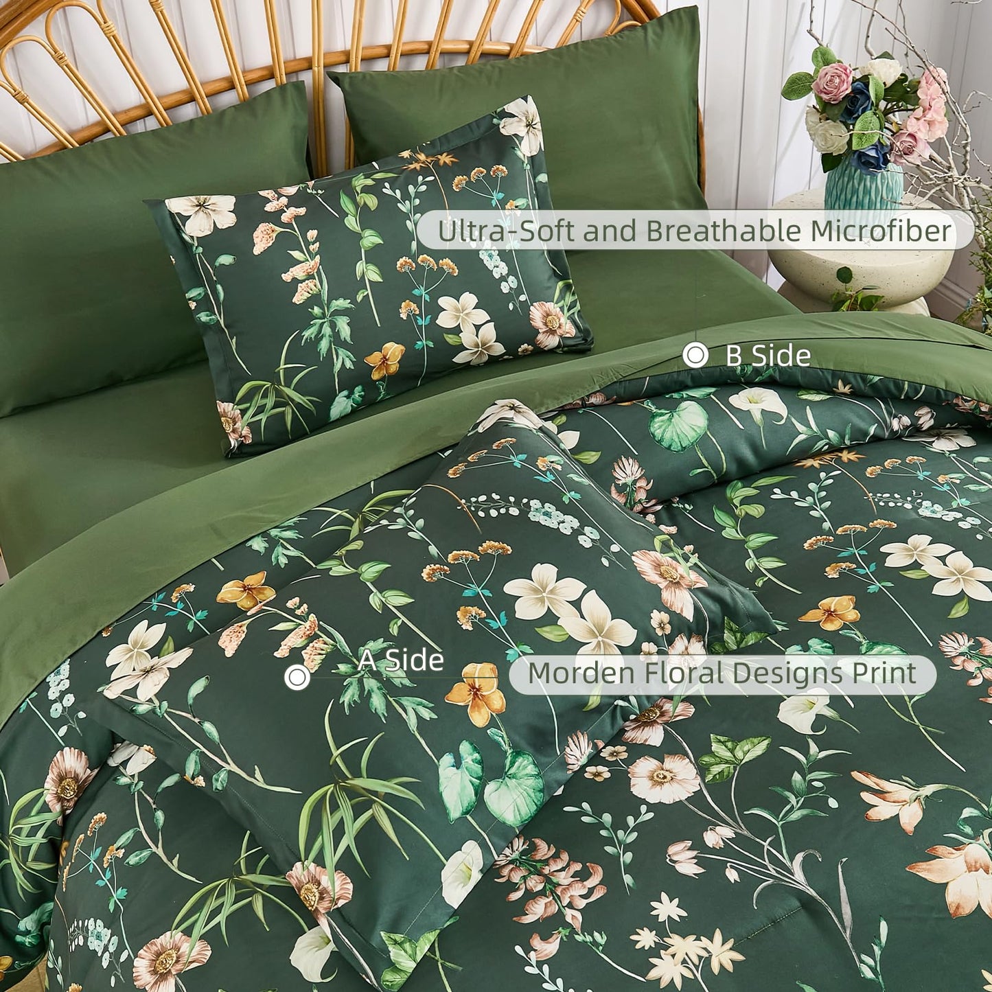 DJY Queen Comforter Set, Green Botanical Floral Bedding Comforter Sets Queen Size for All Seasons, 7 Pieces Bed in a Bag Lightweight Microfiber Comforter Set with Sheets Pillowcases & Shams