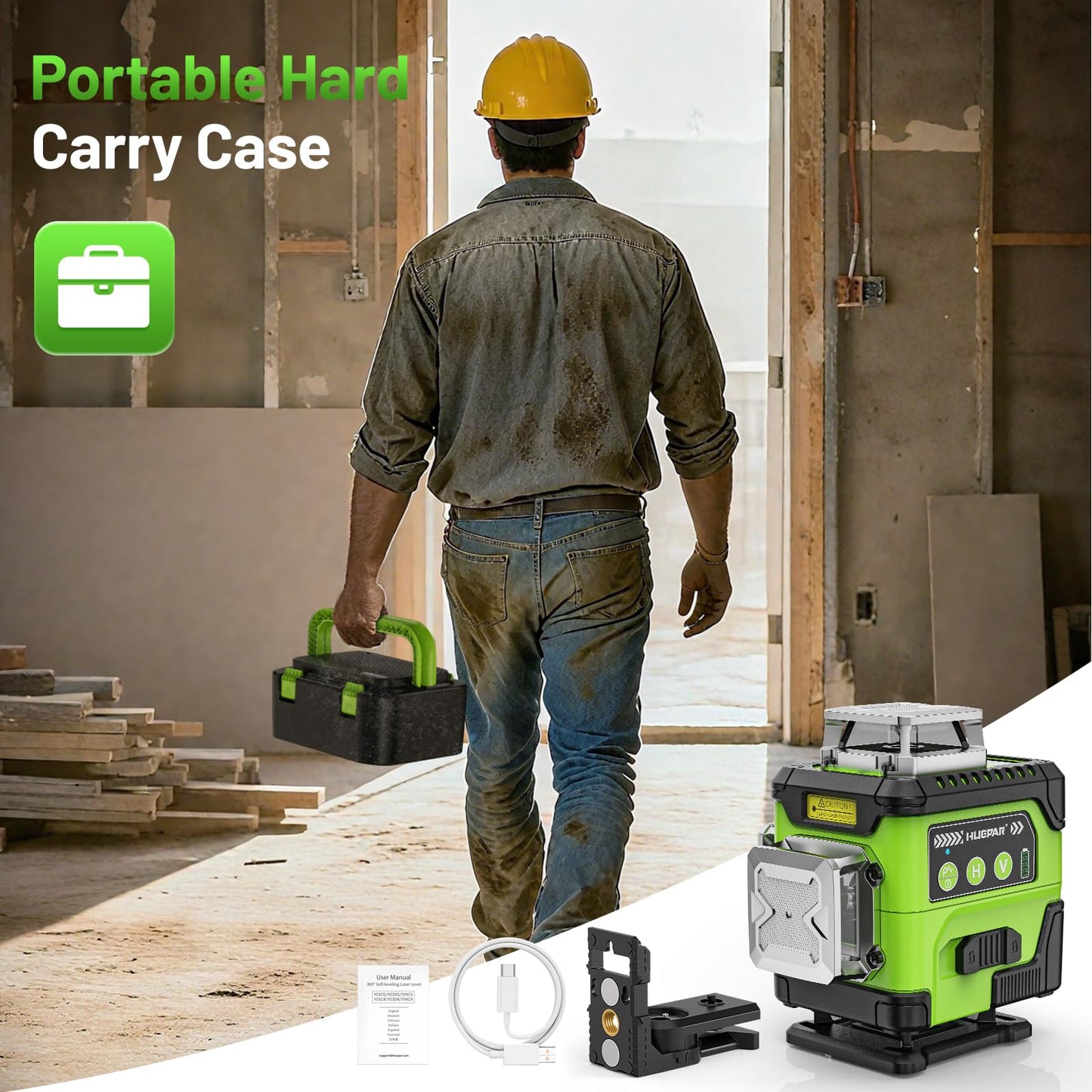 HUEPAR Laser Level 360 Self Leveling with LCD Screen, 4 x 360° High Brightness Rechargeable 4D Lazer Leveler Tool for Construction and Picture Hanging, Strong Magnetic Bracket&Hard Carry Case -Y04CG
