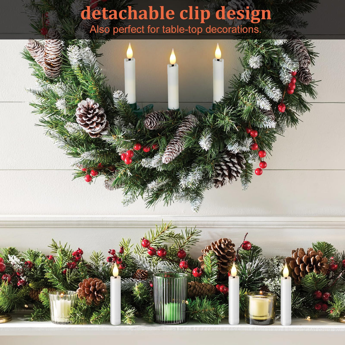 IMAGE 12Pcs LED Taper Candles Light Set Flameless 3D Wick Ivory Candles with Clip-on Christmas Tree Design, 10-Key Remote with Timer, Warm White Light, Battery Operated for Versatile Decoration