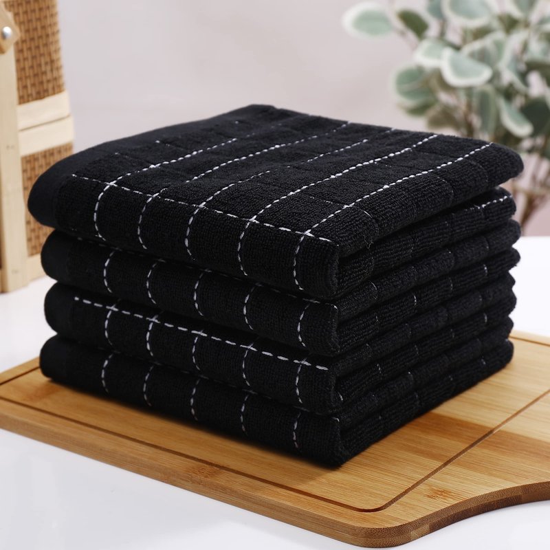 Homaxy 100% Cotton Terry Kitchen Towels(Black, 13 x 28 inches), Checkered Designed, Soft and Super Absorbent Dish Towels, 8 Pack