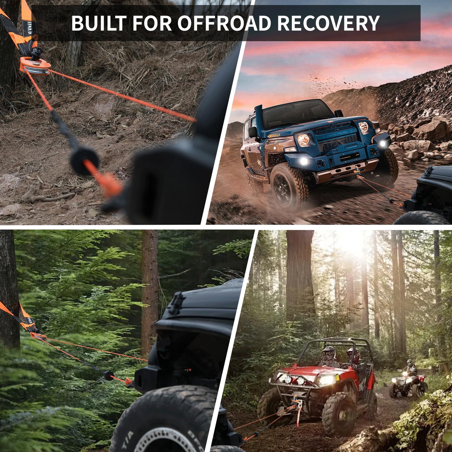 METOWARE Offroad Recovery Kit - 3" x8' Tree Saver, 3" x20' Tow Strap, 10 Ton Heavy Duty Snatch Block Pulley, 2pk 3/4" D Ring Shackles and Winch Line Dampener Bag