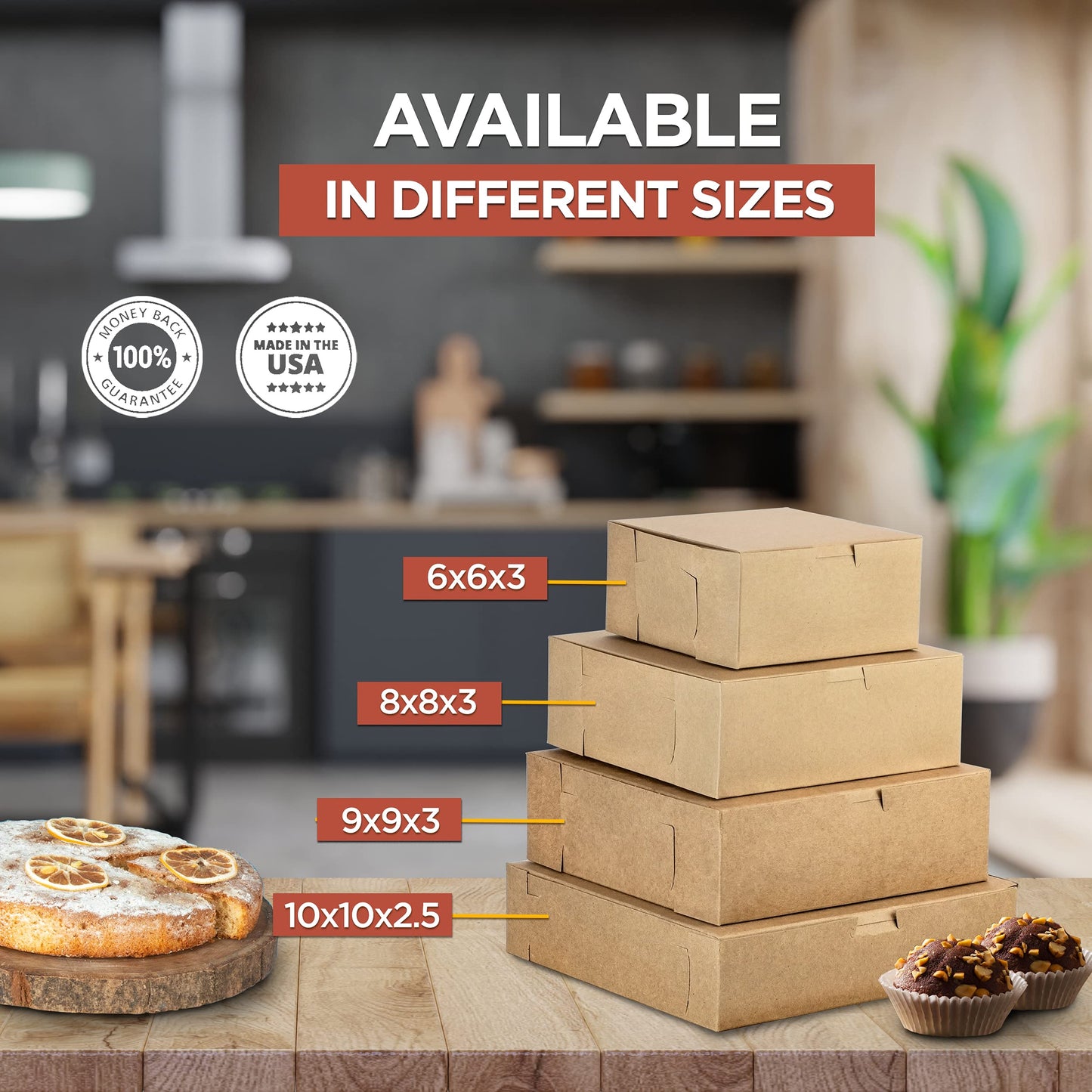 Fit Meal Prep [25 Pack Pie Boxes 10x10x2.5 Kraft Square Bakery Boxes for Cookies, Cheesecake, Chocolate Covered Strawberries, Dessert Brown Paper Cardboard Sweet Boxes for Treats