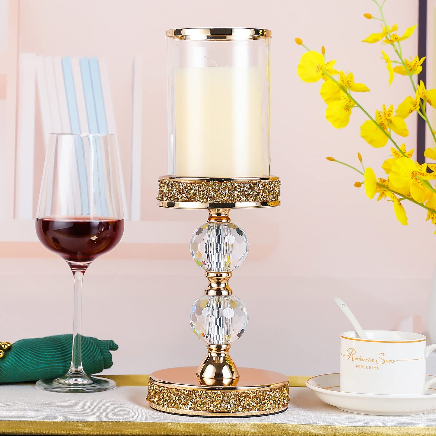 Pillar Candle Holder, 13 Inch Crystal Candlesticks for 3''X5'' Candles, Dining Coffee Table Decor, Wedding, Events, Parties - Glass and Gold Finish