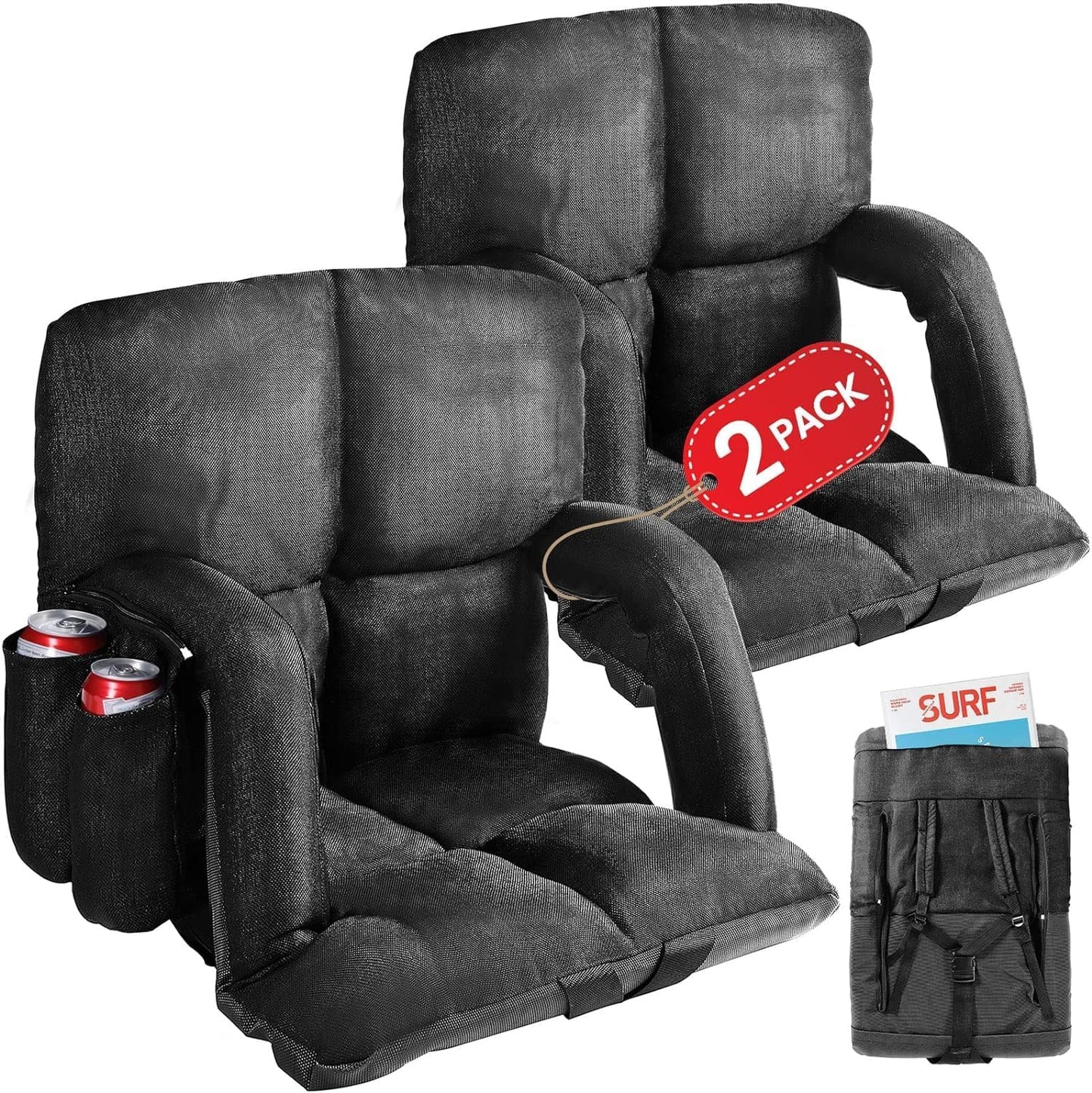 Wide Stadium Seats with Back Support, 2 Pack Bleacher Chairs with Comfy Cushion, 6 Reclining Positions, Portable Stadium Chair Bleacher Seat with Armrests for Sport Events, Camping, Beaches (Black)