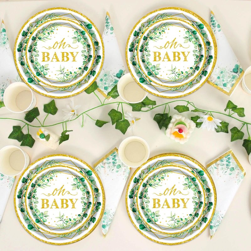 Sage Greenery Baby Shower Plates and Napkins Tableware Set - 175pcs Gender Neutral Baby Shower Decorations Oh Baby Party Supplies, Disposable Paper Plates Napkins for Baby Girl Boy Shower Decorations