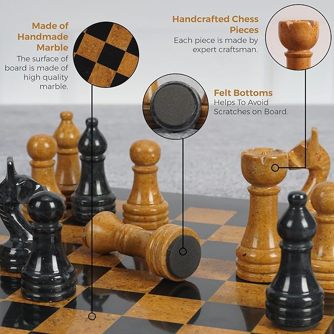 Radicaln Marble Chess Set 12 Inches Black and Golden Handmade Chess Board Adult Games - Portable Tournament Chess Set - 1 Chess Board & 32 Pieces - Travel Board Games