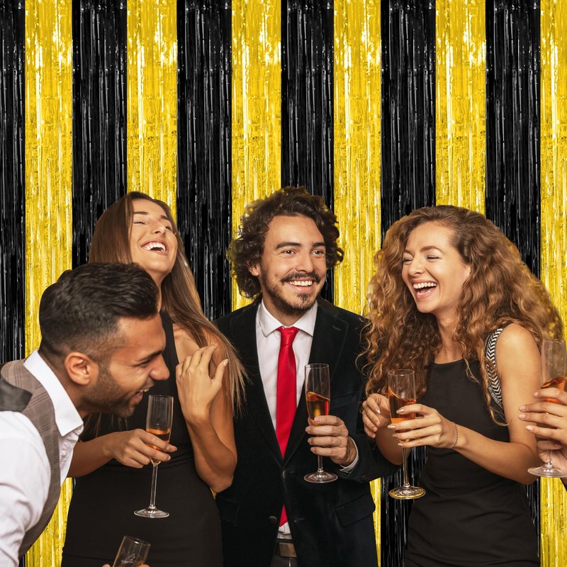 2 Pack Graduation Backdrop, 3.28 FT x 7.05 FT Black and Gold Foil Fringe Curtains, Metallic Foil Curtain Graduation Backdrop, Grad Party Supplies Black and Gold Party Decorations Class of 2026