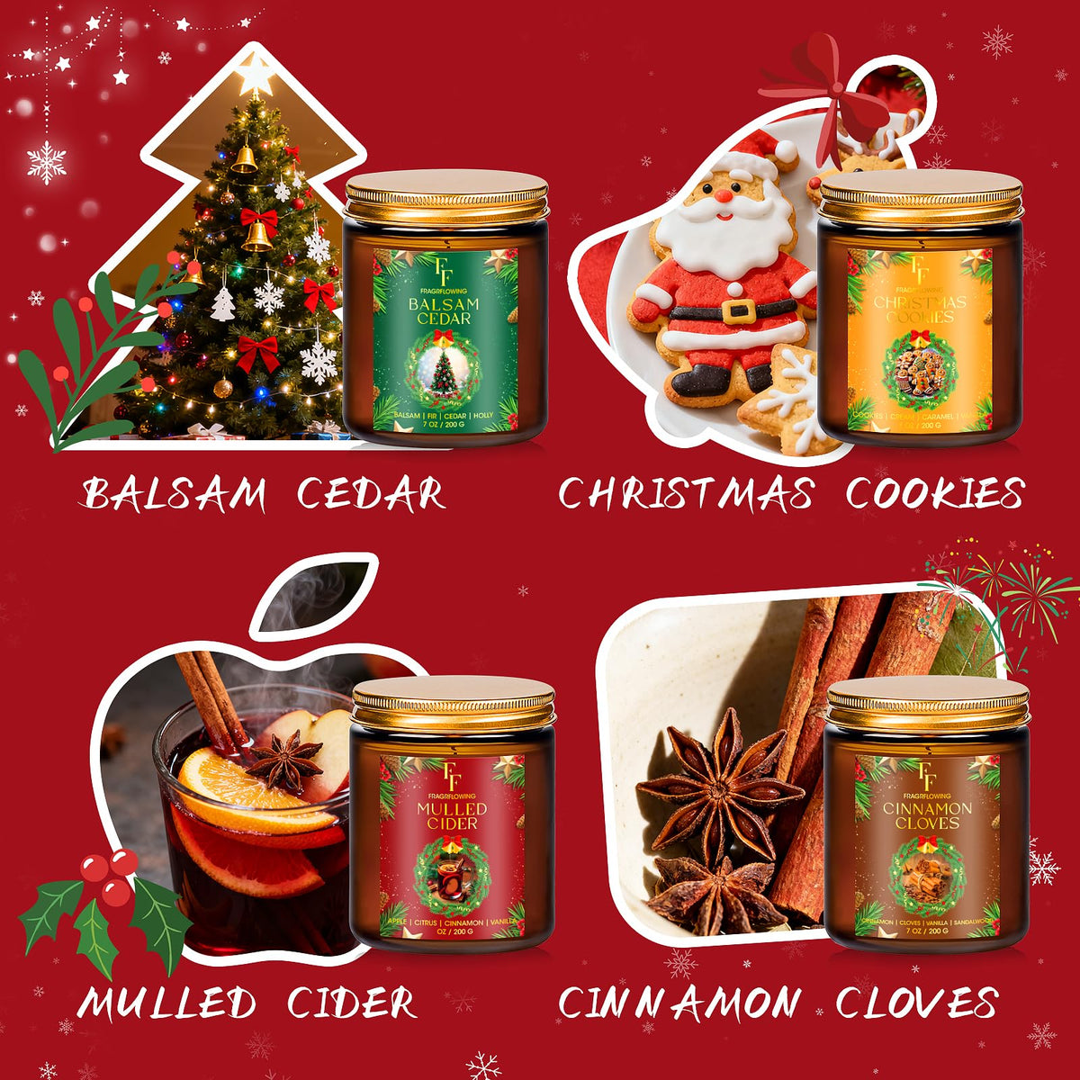 Christmas Candles Set, Scented Candles for Home, 4 Pack Holiday Natural Soy Candles, Christmas Gifts for Women Men, Festival Fragrance of Balsam Cedar/Cookies/Mulled Cider/Cinnamon