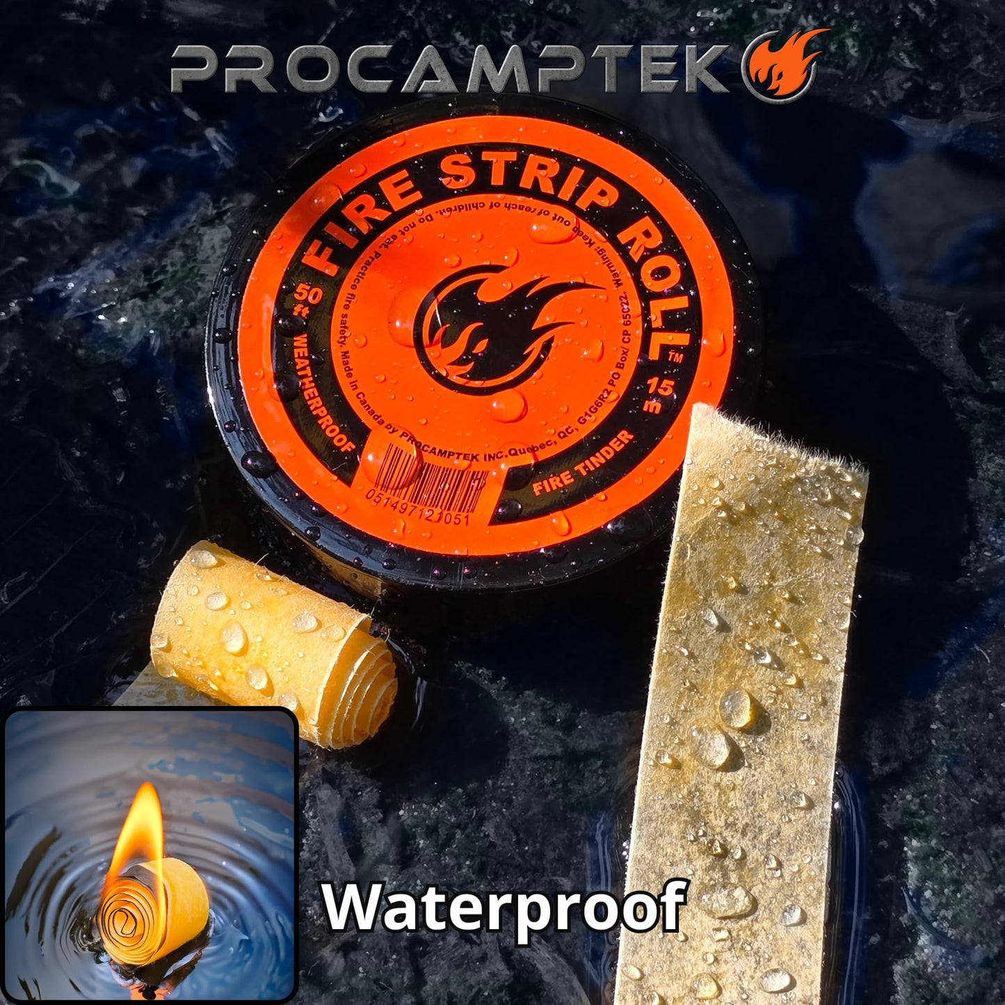 Procamptek Fire Strip Roll 55-feet Weatherproof Waxed Fire Starter Tinder Tape for Emergency, Camping, Survival, Fire pits | Made in North America