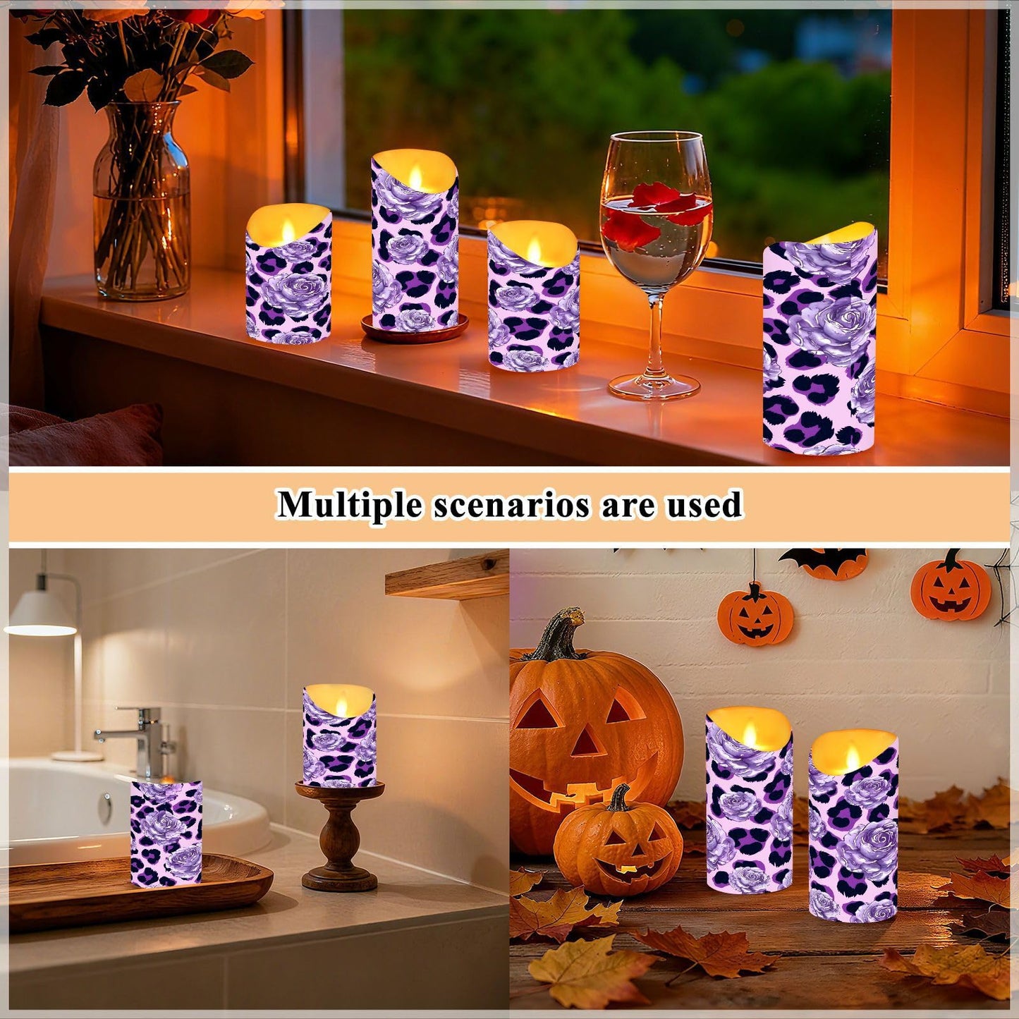 ALAZA Purple Leopard Print Rose Pattern Flickering Flameless Candles Battery Operated with Remote Timer,Tea Light Candles LED Pillar Votive Set of 2 for Outdoor Indoor Decorations 3" x5.9"