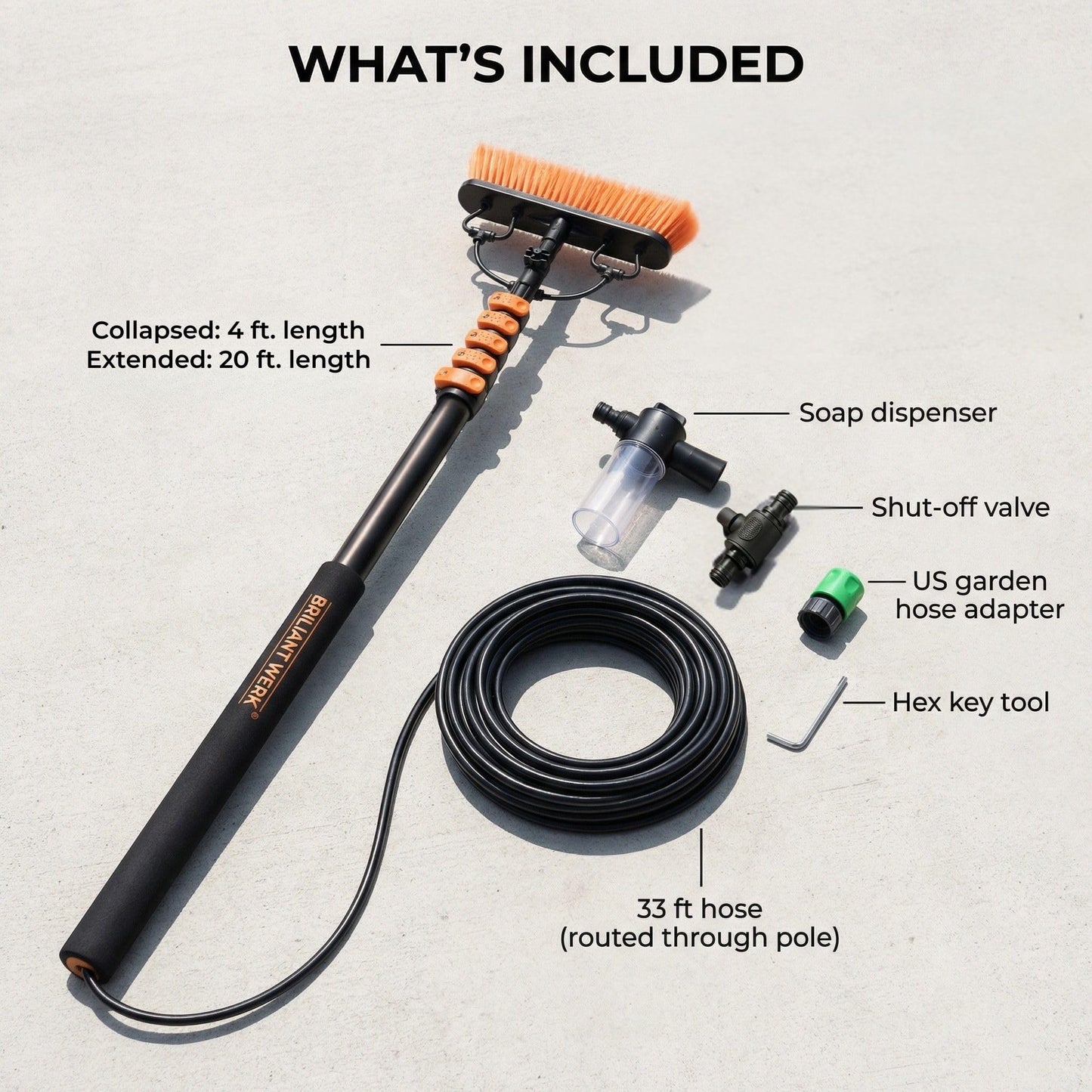 Briliantwerk Solar Panel Cleaning Brush with 20 ft Extension Pole – Water Fed Pole Brush with Soap Dispenser for Solar Panels, Windows & Siding – Heavy Duty, Streak-Free Solar Cleaning Kit