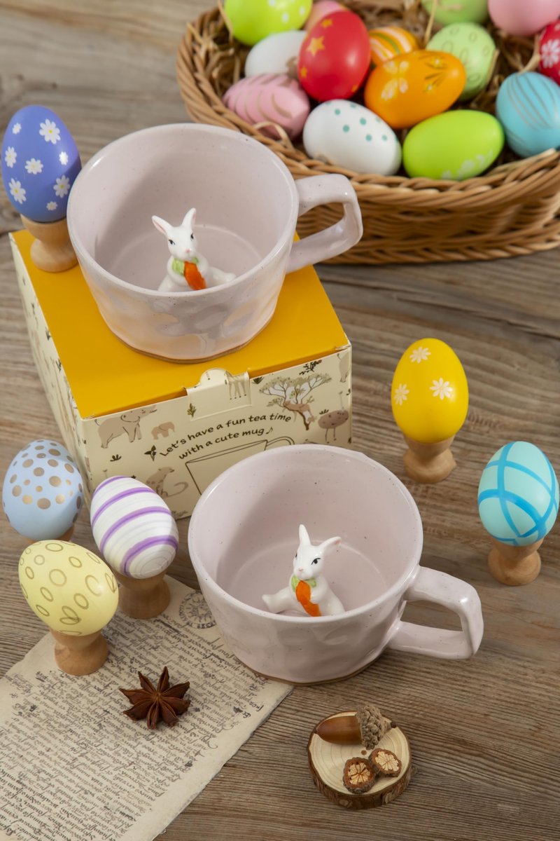 DIHOclub Farmhouse Ceramic Coffee Mug with Rabbit Figurine – Rustic Stoneware Cup, Matte Finish, Ideal for Breakfast & Home Decor (Pink Rabbit)