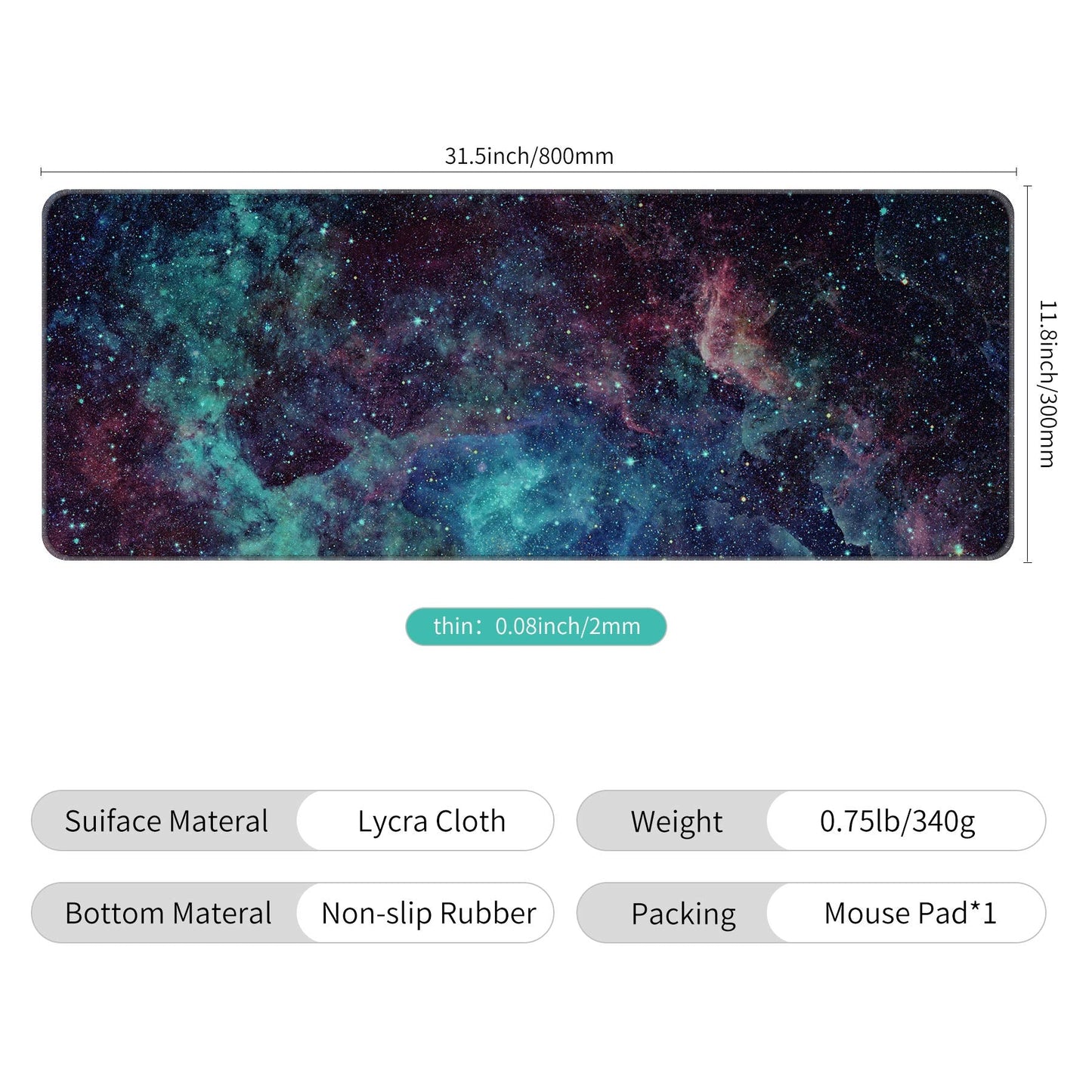 Dynippy Thin Extended Gaming Mouse Pad (31.5 * 11.8 * 0.08 inch) with Stitched Edges Large , Long XXL Keyboard and Mouse pad Desk Mat for Gaming Office & Home - Galaxy Space