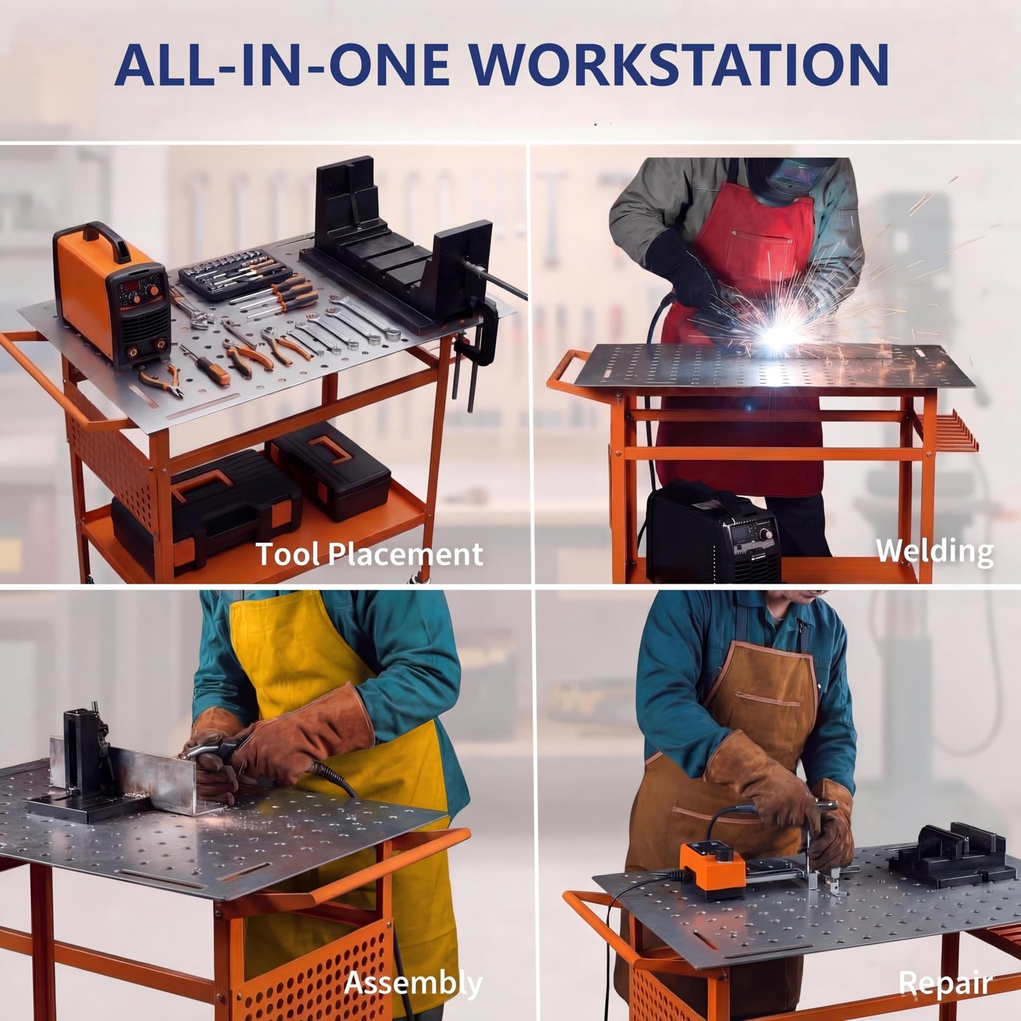 800LBS Welding Table, 36"x24" Portable Welding Workbench with 2 Brake Wheels & 4 Feet, Heavy Duty Steel Frame, Side Pegboard, Hooks and Tool Tray, for Garage Workshop, Orange