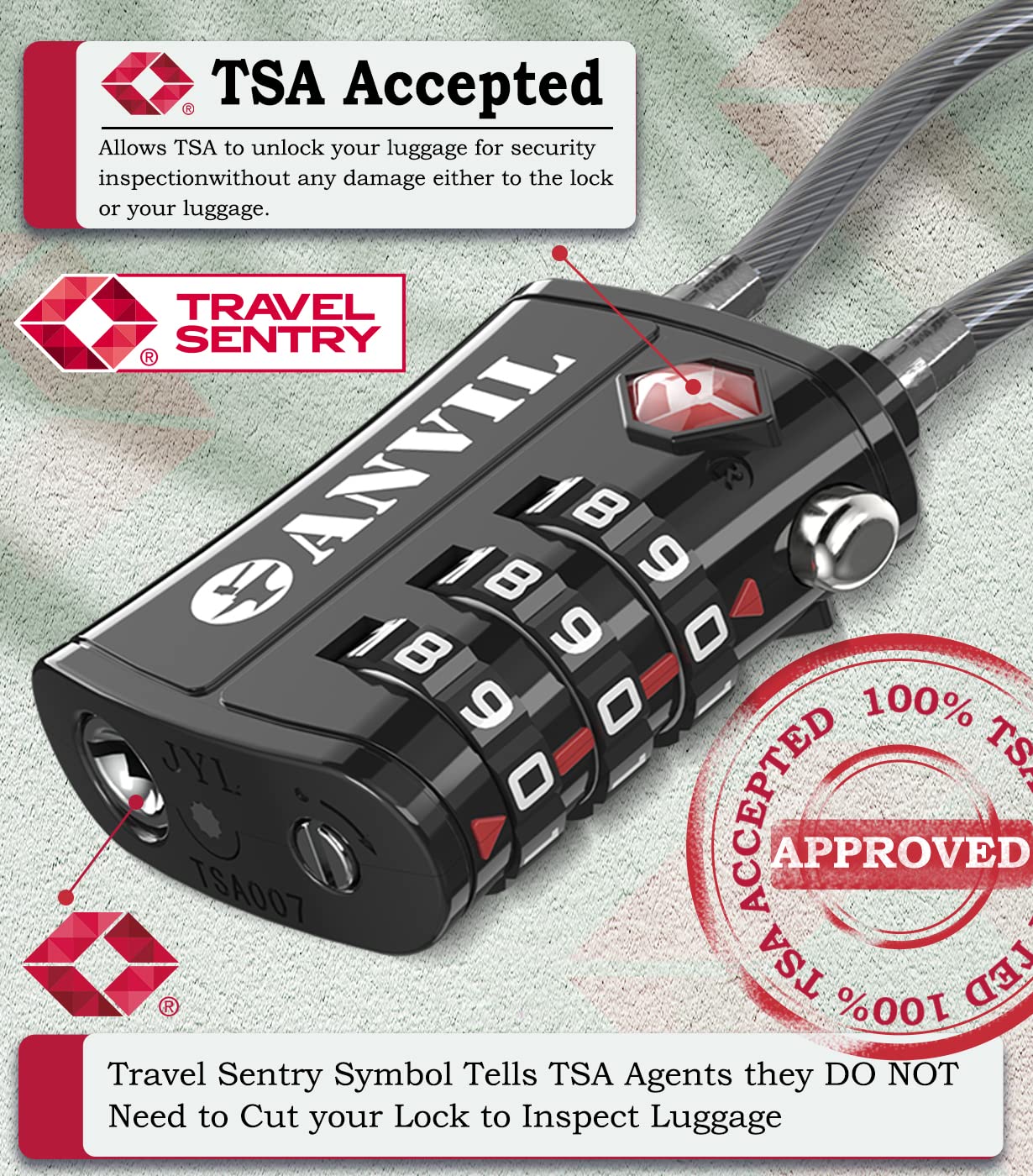 ANVIL TSA Locks for Luggage – TSA Approved Cable Travel Lock with Zinc Alloy Body, 3-Digit Combination Lock for Suitcases, Backpacks, Gun Cases, Zippers (4 Colours)