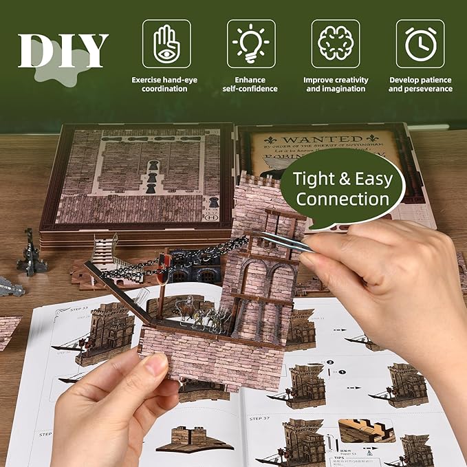 Book Nook Kit - DIY Miniature Dollhouse Kit Dollhouse Booknook Tiny House Bookshelf Decor 3D Wooden Puzzle Gifts for Family Friends (Robin Hood - The Castle's Escape)