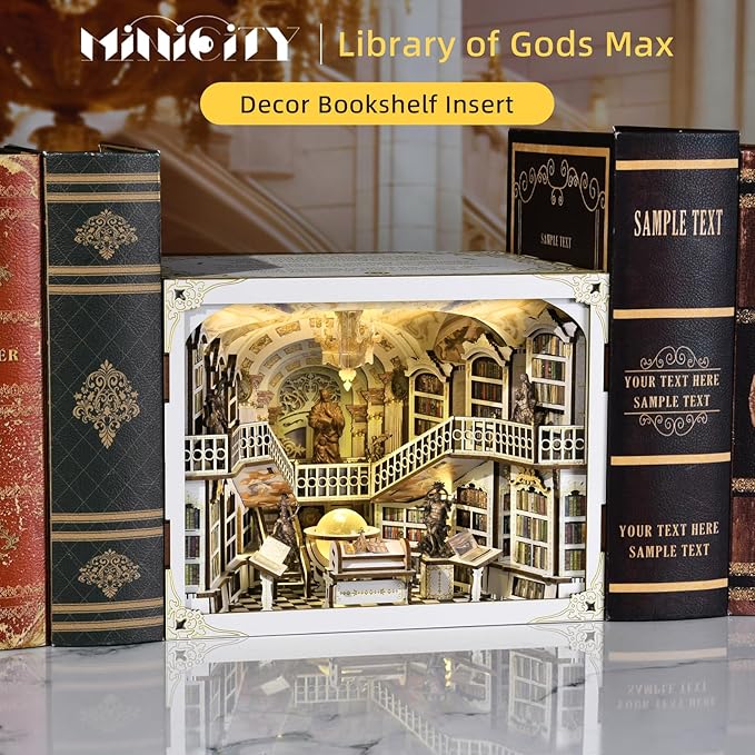 Book Nook Kit DIY DIY Miniature Dollhouse for Adults Beyond Library 3D Wooden Puzzle Bookend Bookshelf Insert Decor with LED Light Gifts for Book Lovers (Library of Gods Max)