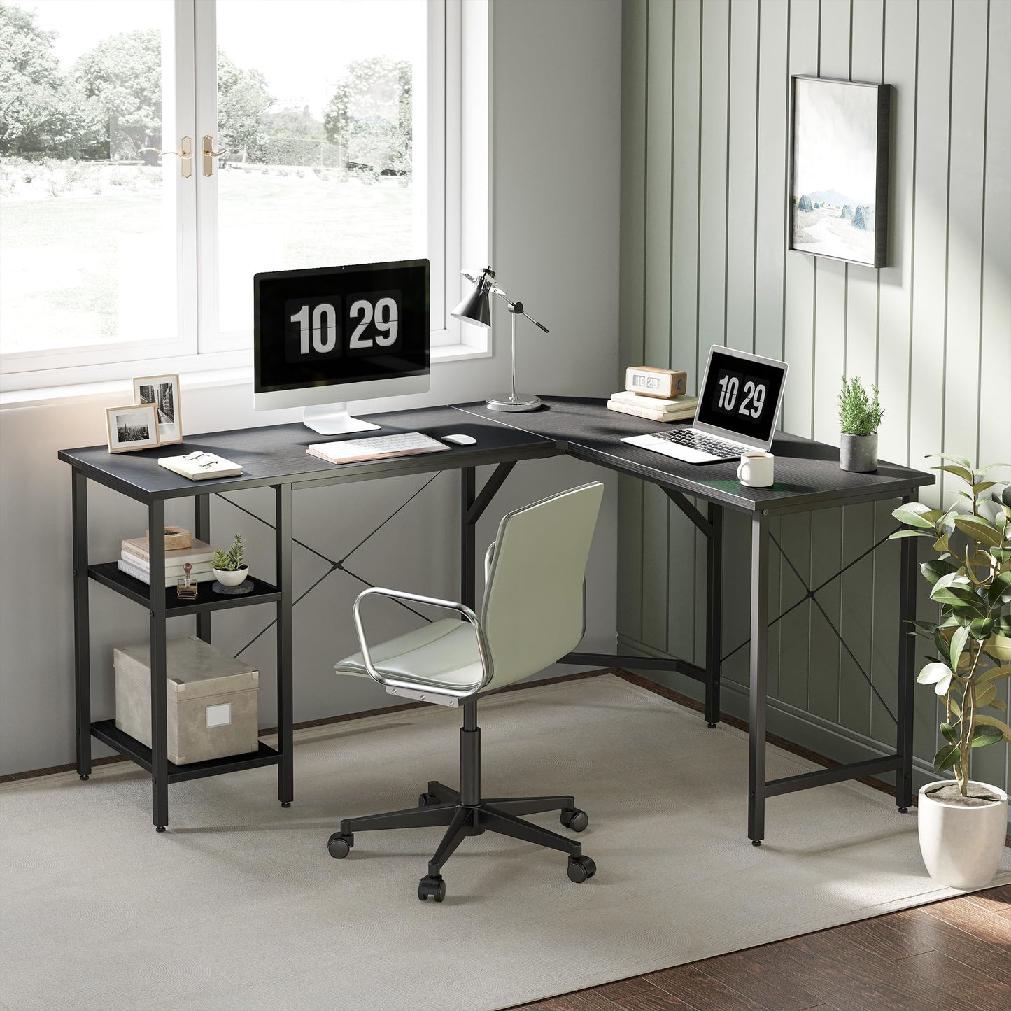CubiCubi L Shaped Desk, 59.1 Inch Reversible Corner Desk with Storage Shelves, Home Office Desk for Writing Gaming Study, Black