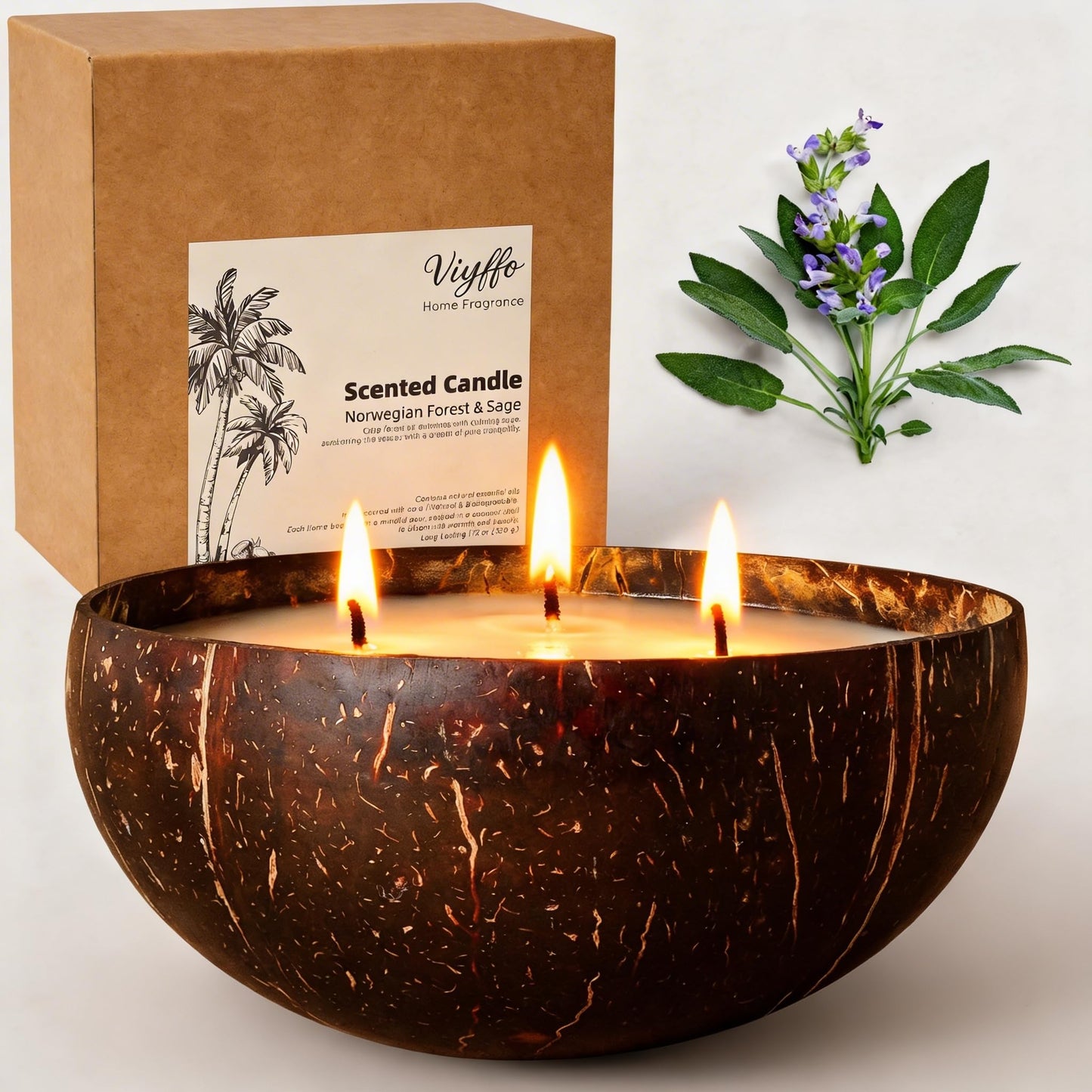 Viyffo Large Non Toxic Soy Candle - Spring Forest & Sage, 18oz 3 Wick Scented Candle for Women & Men, Natural Coconut Shell Jar Perfect for Home Decor & Unique Nature Gift