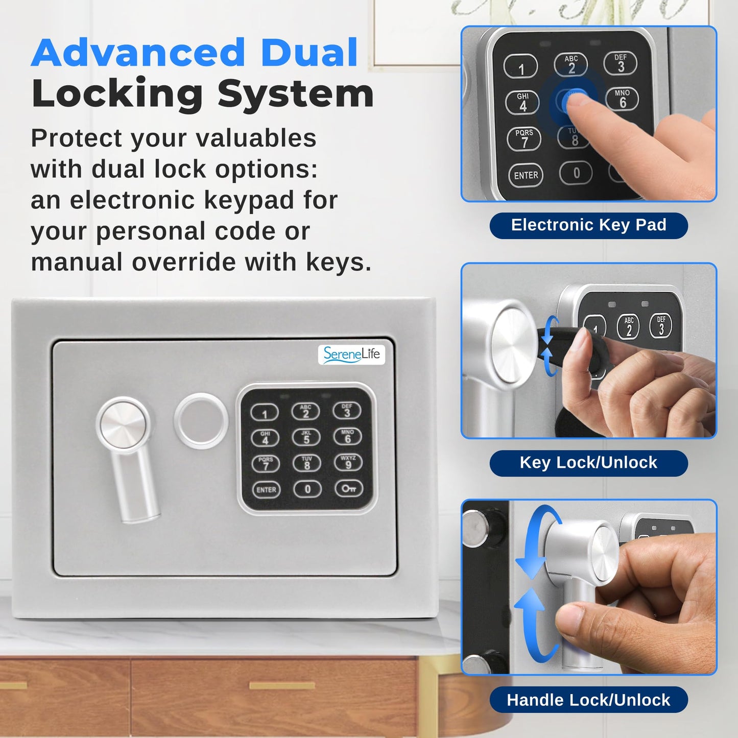 SereneLife Heavy Duty 9.1 x 6.7' Electronic Safe Box | Digital Touch Pad Lockbox with Code 2 Keys | Small Safe Box for Home/Office, Secure Cash, Jewelry, Firearms | Wall/Floor Mountable