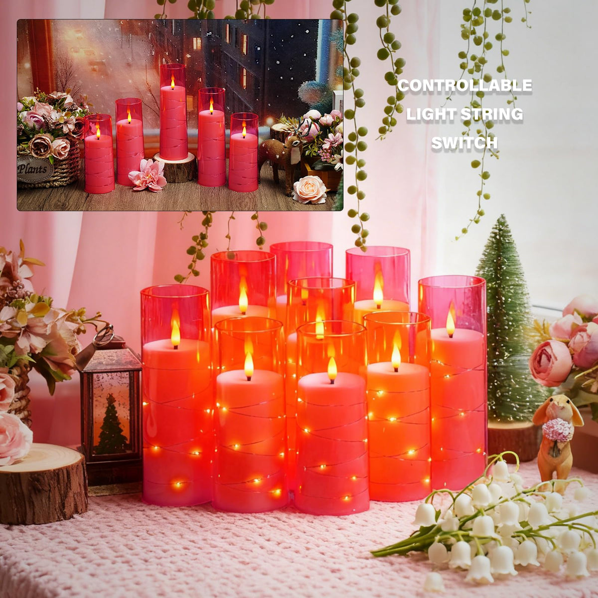 kakoya Flameless LED Candles with Timer 9 Pc Flickering Flameless Candles for Romantic Ambiance and Home Decoration Stable Acrylic Shell,with Embedded Star String,Battery Operated Candles(Pink)