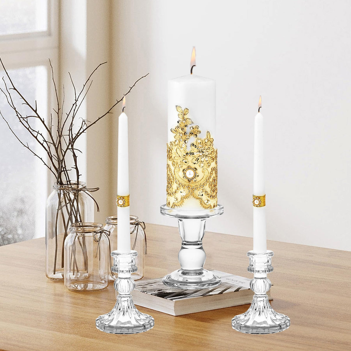 Unity Candle Holder - Glass Candle Holders for Pillar Candles Taper Candles, Glass Candlestick Holders Set of 3, Decorative Clear Glass Candlestick Holder for Wedding Table Dinning Church Centerpiece