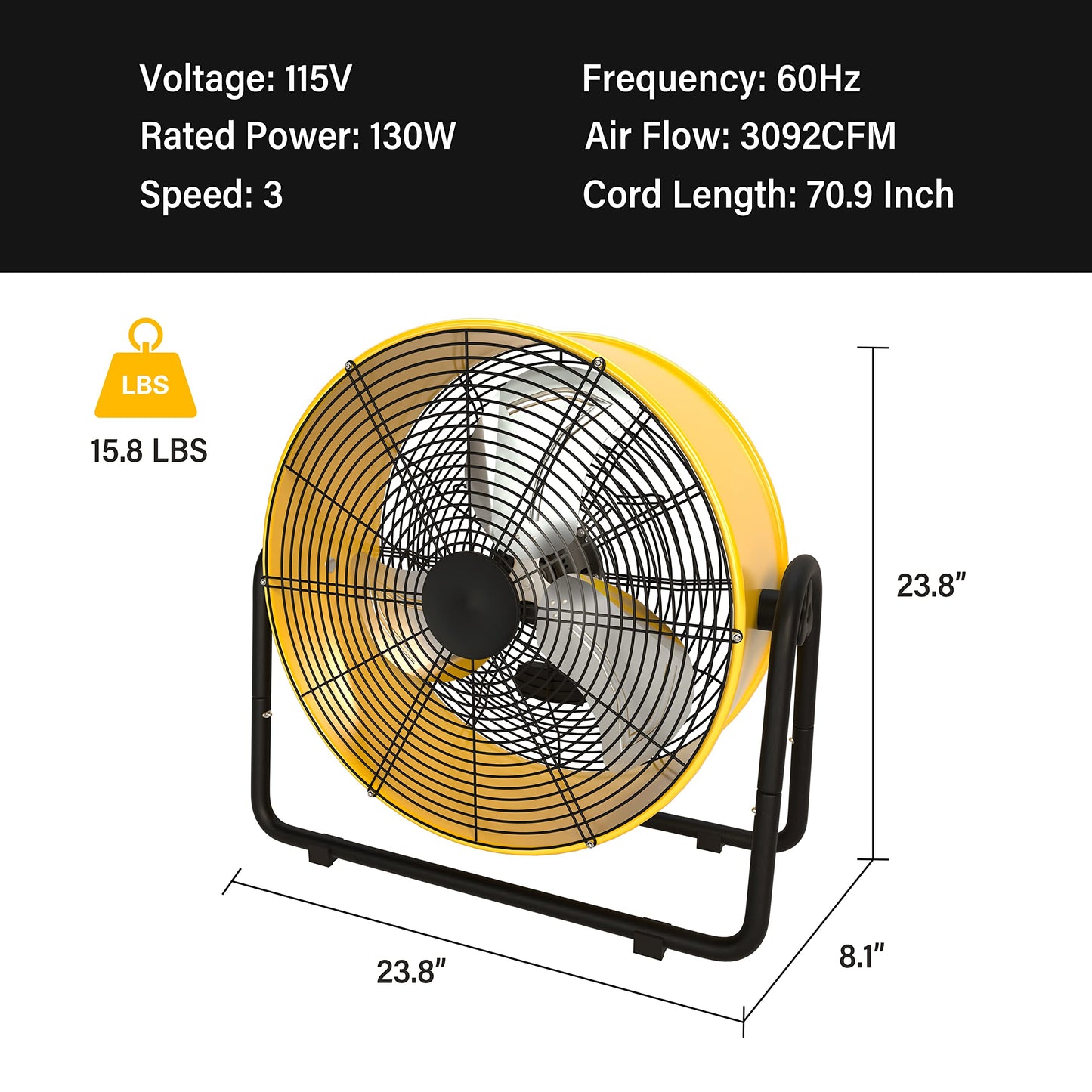 20 Inch Heavy Duty Metal Industrial Drum Fan, 3 Speed Floor Fan for Warehouse, Workshop, Factory and Basement - High Velocity, Yellow