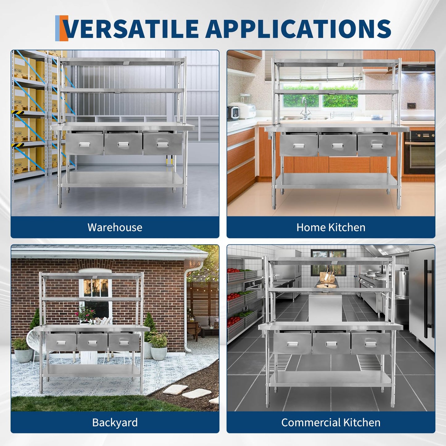 Stainless Steel Table with Overshelves & Drawers, 60" X 24" Commercial Work Tables with 60" X 30" Shelf & 3 Drawers, Metal Kitchen Prep Table with Paper Towel Holder for Home Restaurant Garage