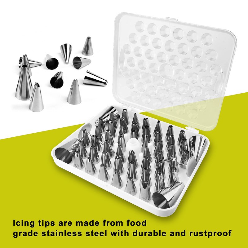 FIVETASCake Decorating kit for Beginners-52 Numbered Icing Tips with Pattern Chart,2 Flower Nails and 1 Coupler.Piping Tips Set with storage box.