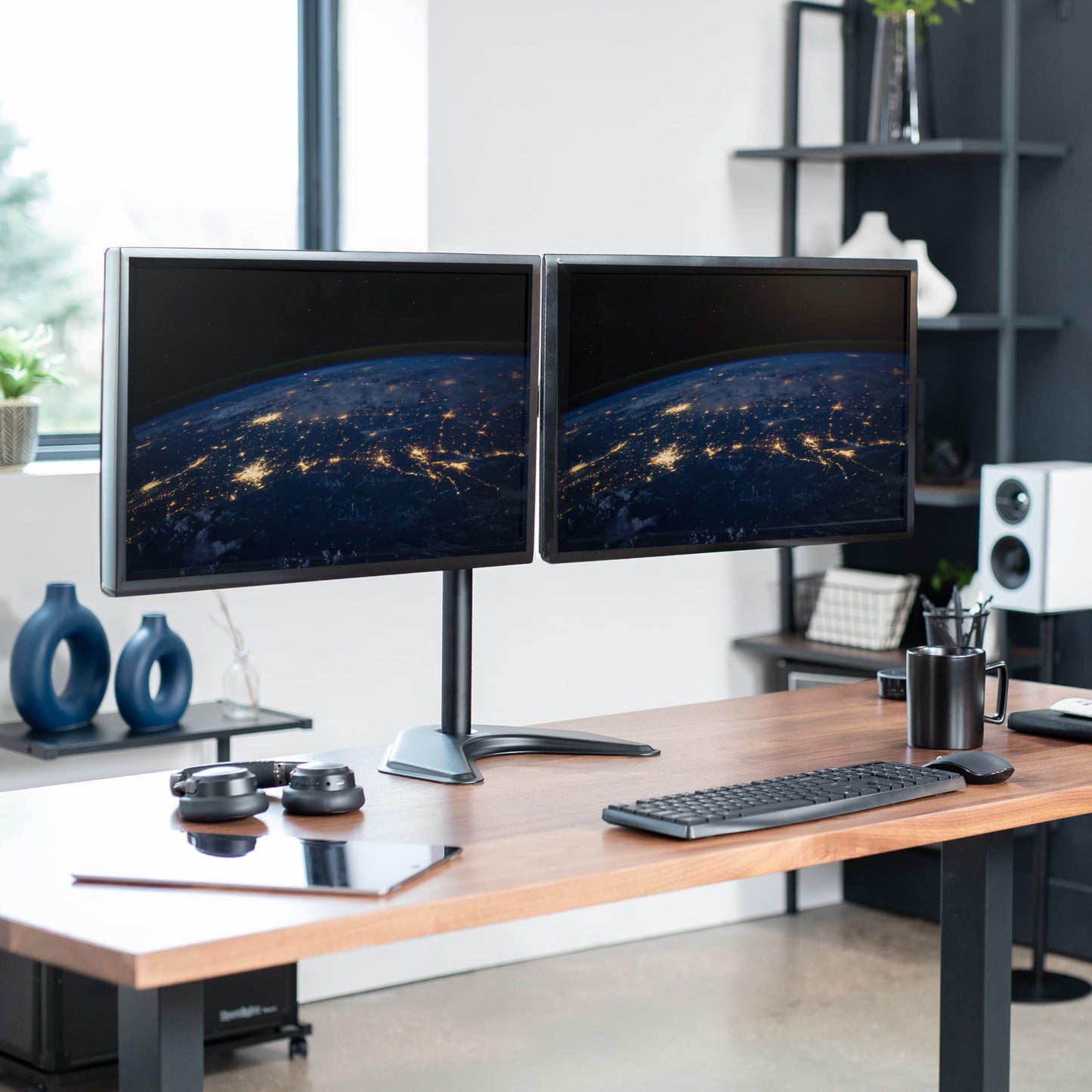 VIVO STAND-V002F Dual LED LCD Monitor Free-Standing Desk Stand for 2 Screens up to 27 Inch Heavy-Duty Fully Adjustable Arms with Max VESA 100x100mm