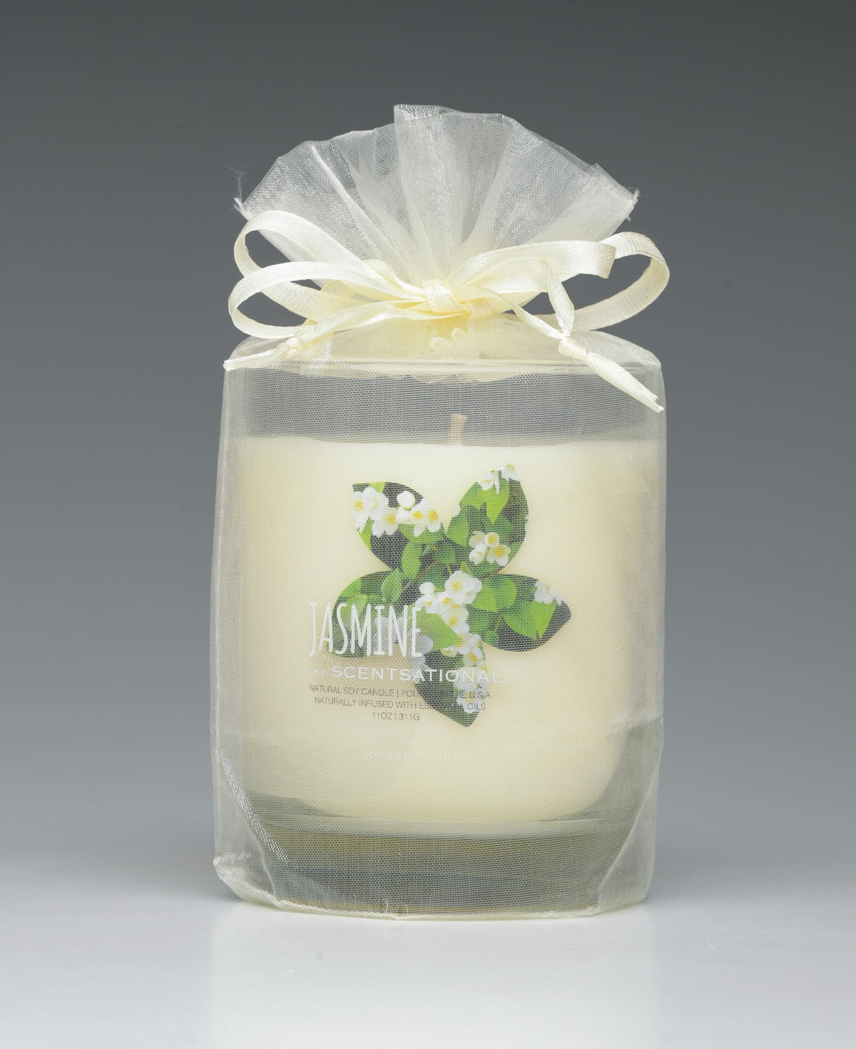 Scentsational Jasmine Natural Candle, 11 oz Glass Jar, 50-60 Hour Burn Time, Gift Wrapped