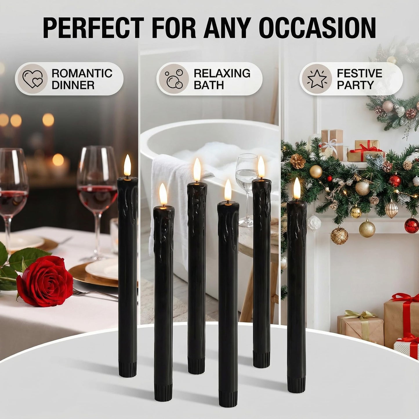 Eywamage Black Dripping Wax Flameless Taper Candles with Remote, Flickering LED Wax Candlesticks Battery Operated Set of 6