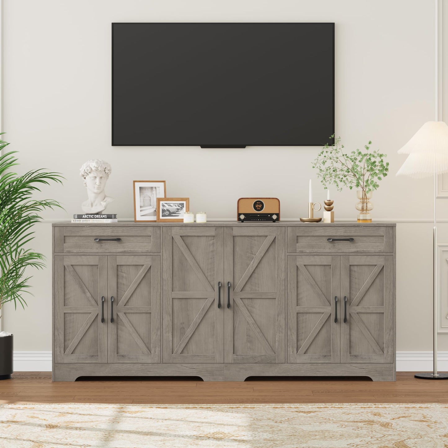 BOTLOG 71” Large Sideboard Buffet Cabinet with Storage, Farmhouse Kitchen Buffet Cabinet with Adjustable Shelves and 6 Barn Doors, Wood Coffee Wine Bar Console Table, White, Ash Grey (Ash Grey)