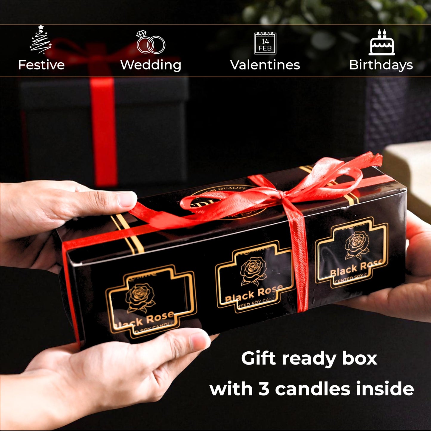 Black Rose Candle Strong Scented Soy Candel Clean Non Toxic Velas Aromáticas Gift for Women 5Oz Decorative Tin Jars with Lids Pack of 3
