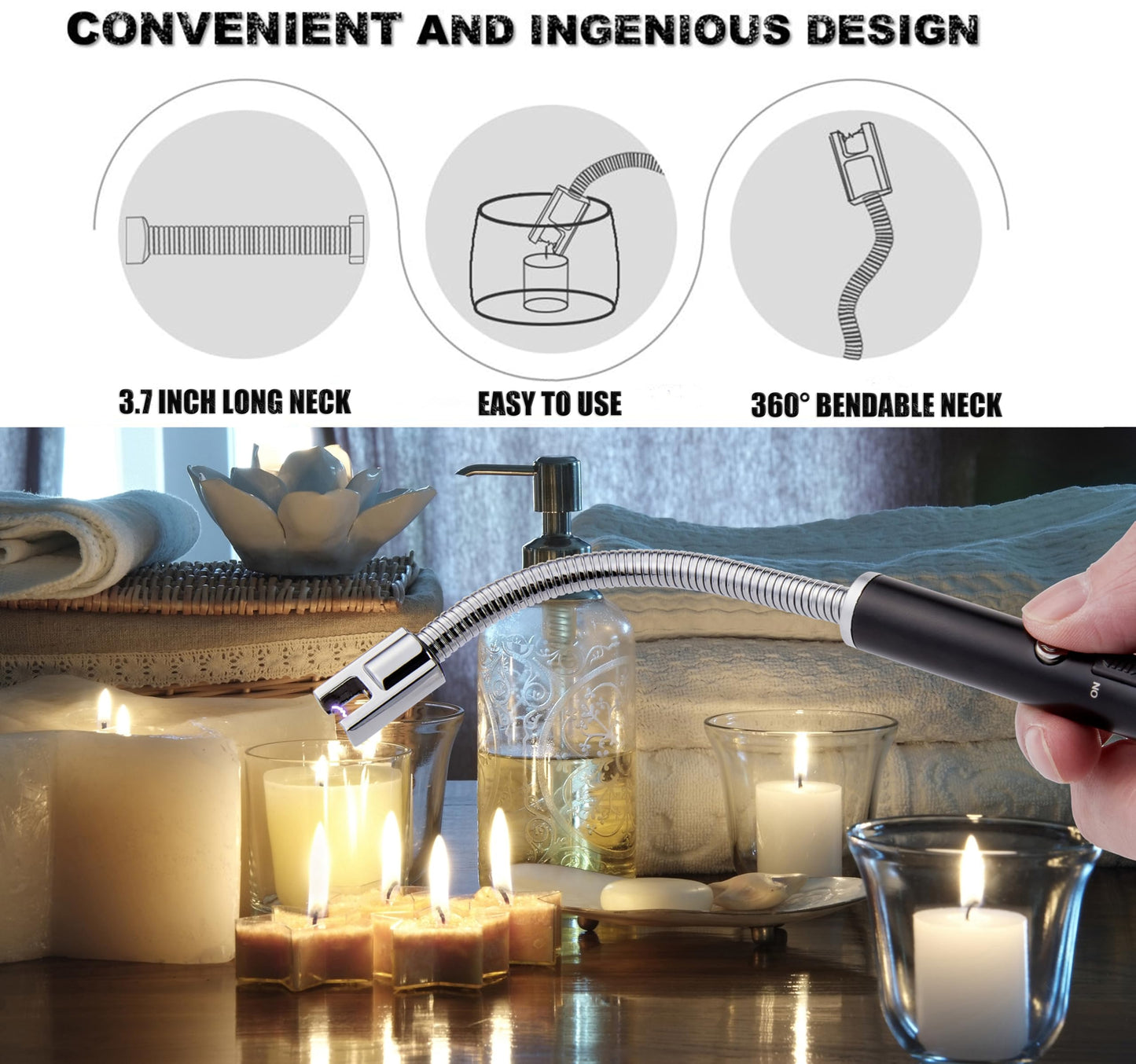 TOMOLO 2 Pack Electric Candle Lighter USB Rechargeable Flameless Windproof Arc Lighter with Flexible Neck, Safety Switch for Candle, Grill, BBQ, Camping & Kitchen (Black&Silver)