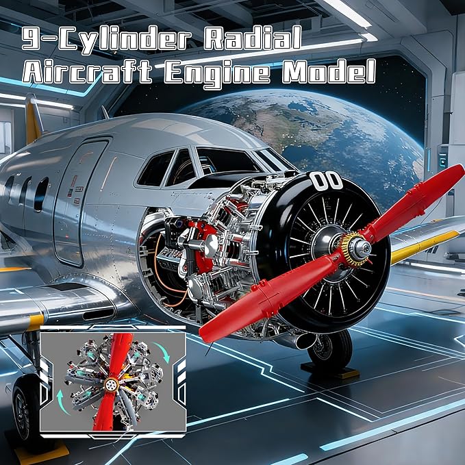 9-Cylinder Radial Aircraft Engine Building Sets (1100 PCS) Classic WW2 Airplane Engine Model that Runs with Motor Educational Toys Gift for Kids & Adults
