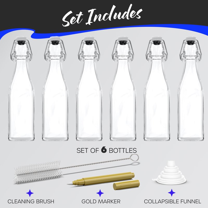 Nevlers 17 Oz Square Flip Top Glass Bottle with Lid 6 Pack | Swing Top Glass Bottles with Airtight Lids, Funnel, Brush & Gold Marker | Coquito Bottles with Caps | Juice, Extract & Syrup Container Set
