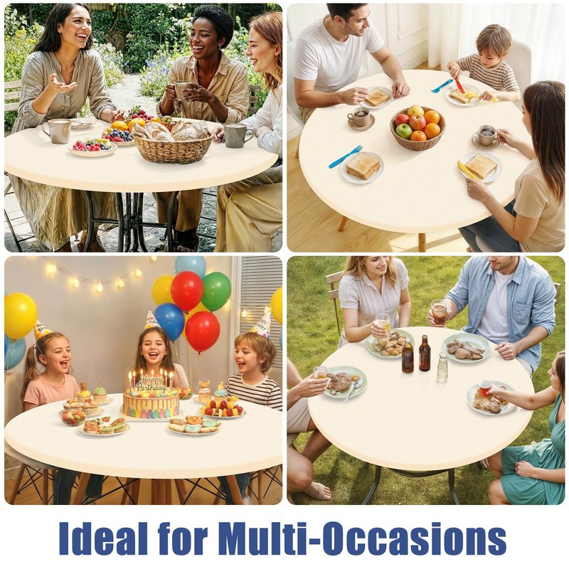 Moosfor Round Spandex Tablecloth, Elastic Fitted Waterproof Tablecloths for 57"-68" Tables, Stretch Washable Picnic Table Cover for Camping, Dining, Indoor and Outdoor, Beige