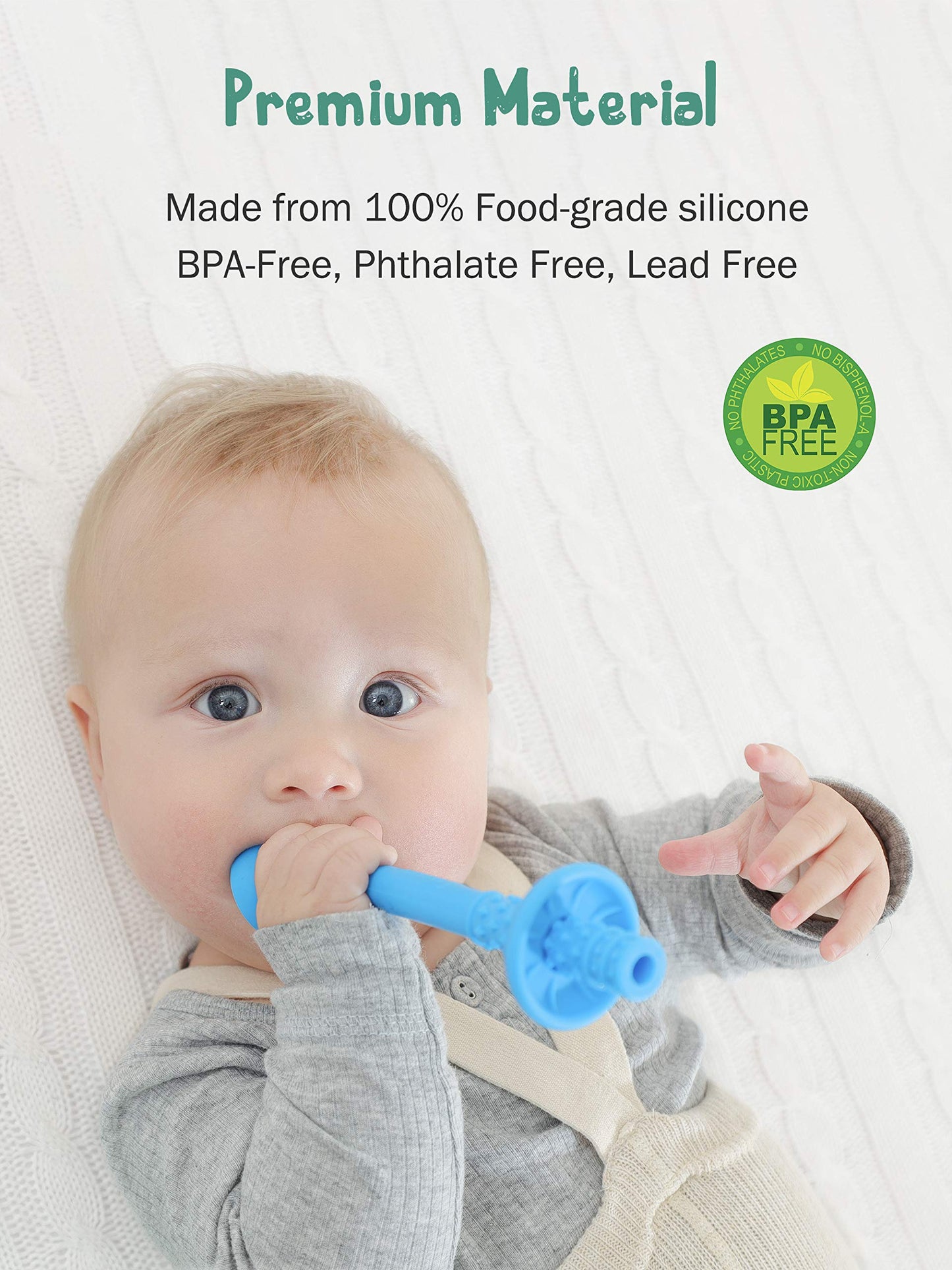 Giftty Teething Tube with Safety Shield Baby Hollow Teether Sensory Toys Gum Massager, Food-Grade Silicone for Infant 3-12 Months Boys Girls, 1 Pair with 4 Cleaning Brush Included (Emerald+Blue)