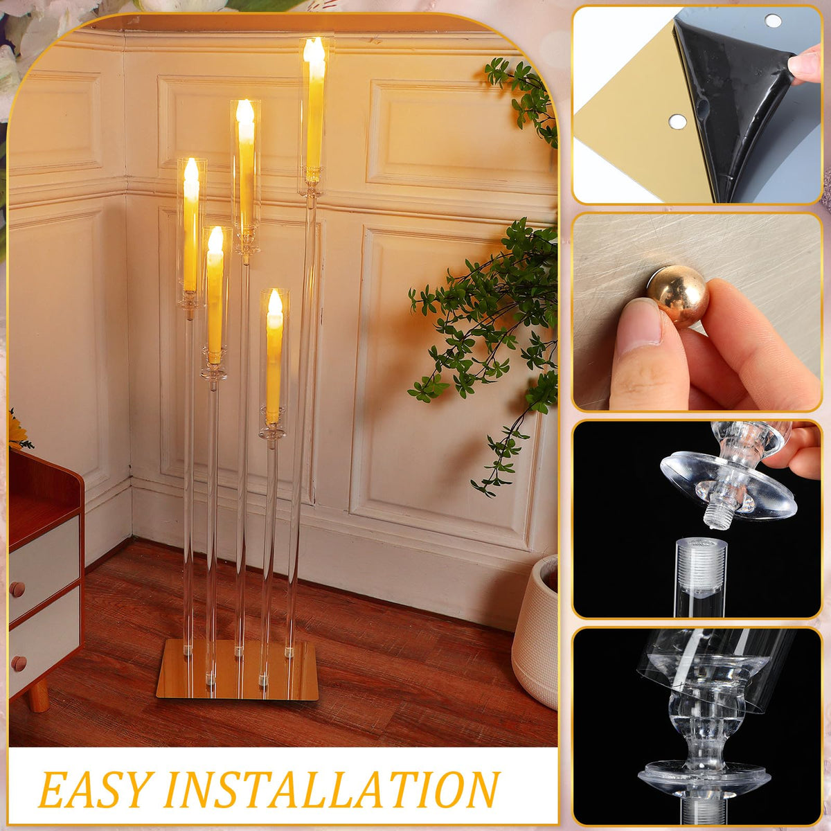 4 Set Floor Candelabra 5 Arm 46.5'' Tall Acrylic Candle Holders Tables Candelabra Centerpieces Wedding Candlestick Set with Clear Lampshade Gold Metal Base for Ceremony Party Home Decoration